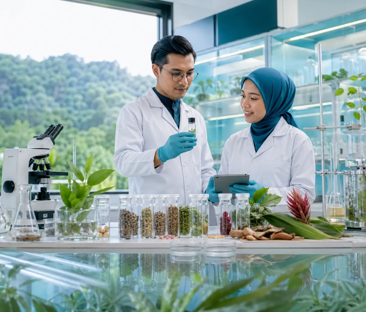 Researchers developing postbiotic formulations in a clean biotech laboratory